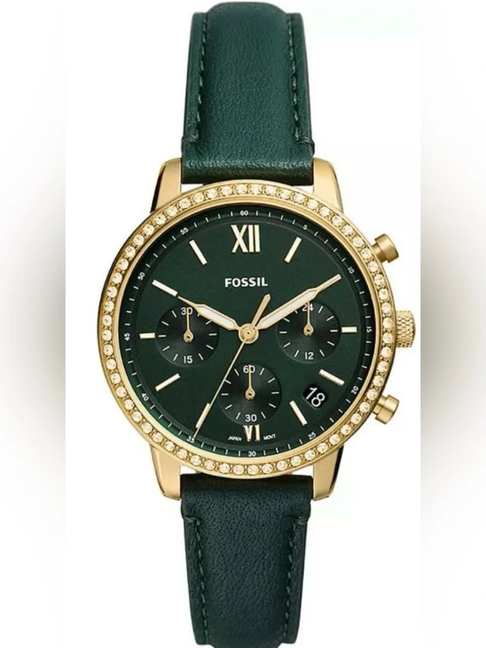 Fossil Dark Green Neutra Leather Strap Gold Crystal Bezel Chronograph Womens